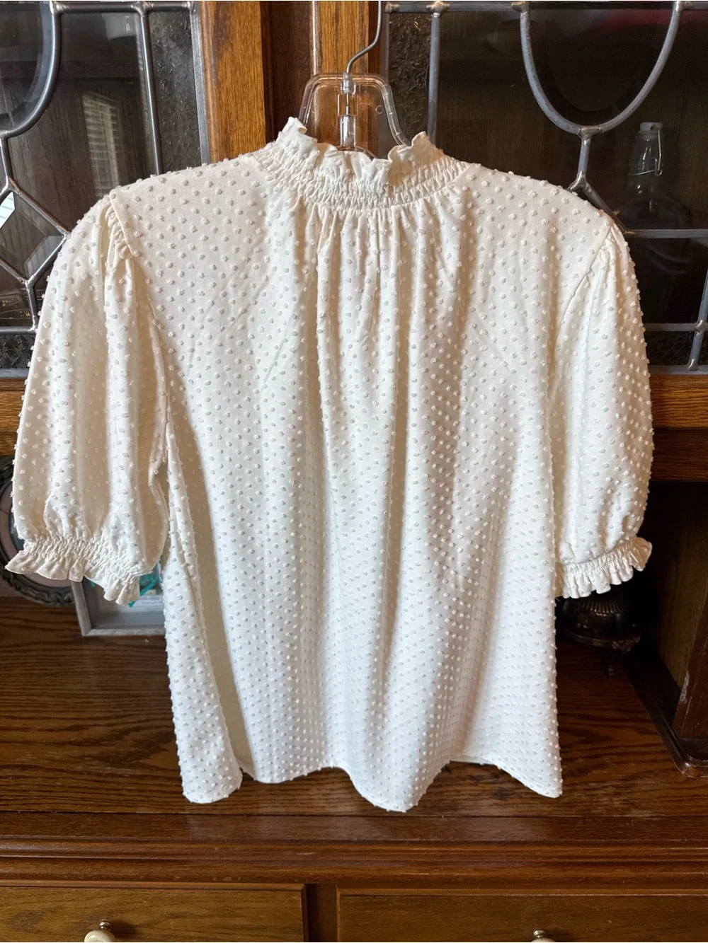 J. Crew NWT Cream Swiss Dot Ruffle Neck Short Sleeve Top